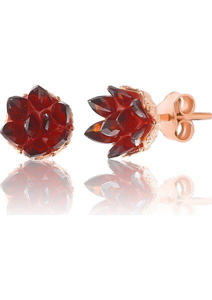 925 Ayar Gümüş, Garnet Taşlı Rose Kaplama Lotus Çiçeği Küpe