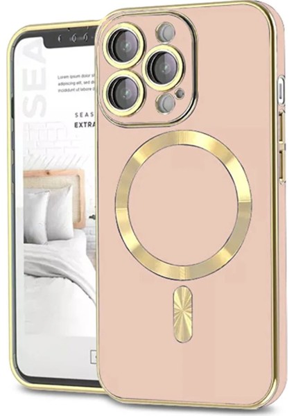 Apple iPhone 14 Pro Max Mag Safe Özellikli Lens Korumalı Luxury Silikon Kılıf - Rose Gold