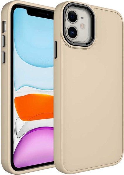 Caseart Apple iPhone 11 Kapak Renkli Metal Kamera Çerçeveli First Class Içi Kadife Lasnman Kılıf - Krem