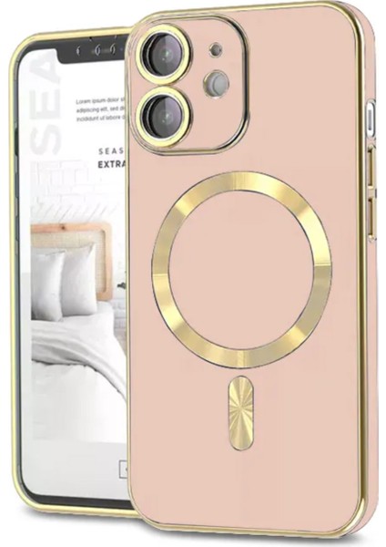 Apple iPhone 12 Mag Safe Özellikli Lens Korumalı Luxury Silikon Kılıf - Rose Gold