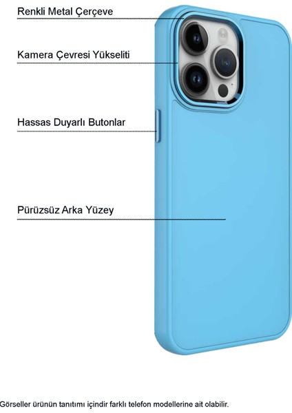 Apple iPhone 13 Pro Kapak Renkli Metal Kamera Çerçeveli First Class Içi Kadife Lasnman Kılıf - Mavi