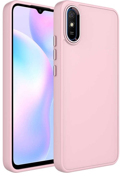 Xiaomi Redmi 9A Kapak Renkli Metal Kamera Çerçeveli First Class Içi Kadife Lasnman Kılıf - Pembe