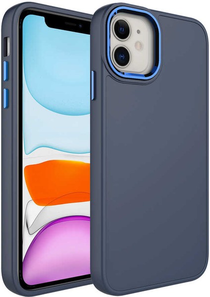 Apple iPhone 11 Kapak Renkli Metal Kamera Çerçeveli First Class Içi Kadife Lasnman Kılıf - Petrol Mavisi