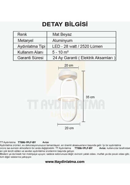 TT006-1PLF-BY Tt Aydınlatma Minyon Modeli Tekli Plofonyer Mat Beyaz LED Avize