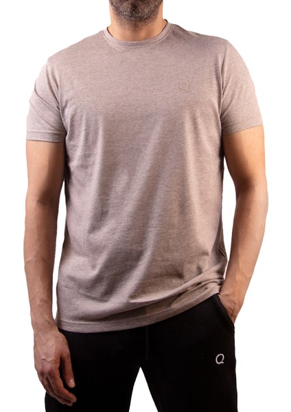 Kahverengi Basic Düz Tişört Bisiklet Yaka Regular Fit Tshirt Erkek Pamuklu Bej Melanj-Nakişli Q Logo