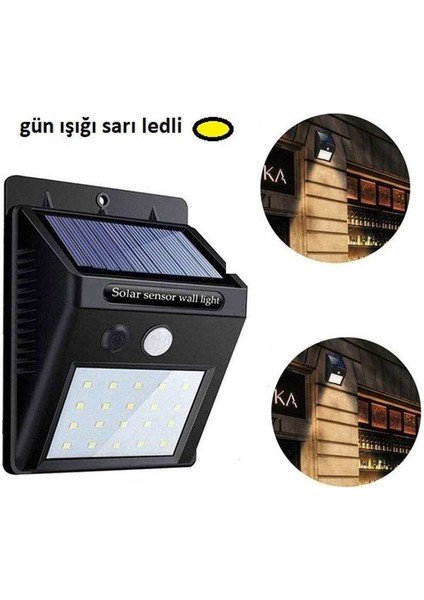 Gün Işığı Sarı Ledli Hareket Sensörlü Güneş Enerjili LED Aydınlatma Dış Mekan Bahçe 20 LED Li