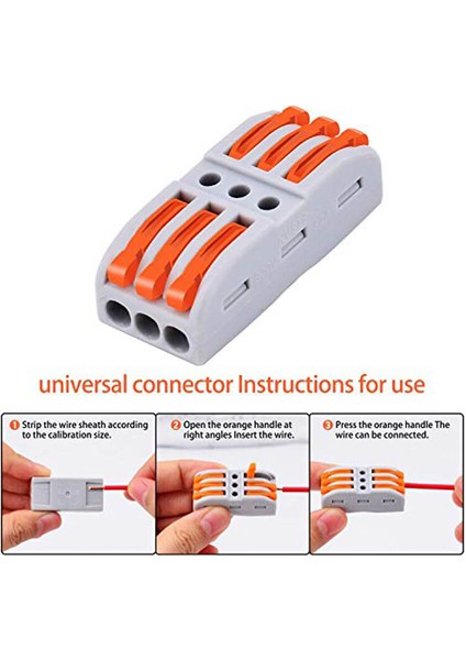 Hızlı Kablo Ekleme Aparatı Konnektör - Üçlü Aç Kapa Kilitli Kablo Birleştirici Klemens - 100 Adet