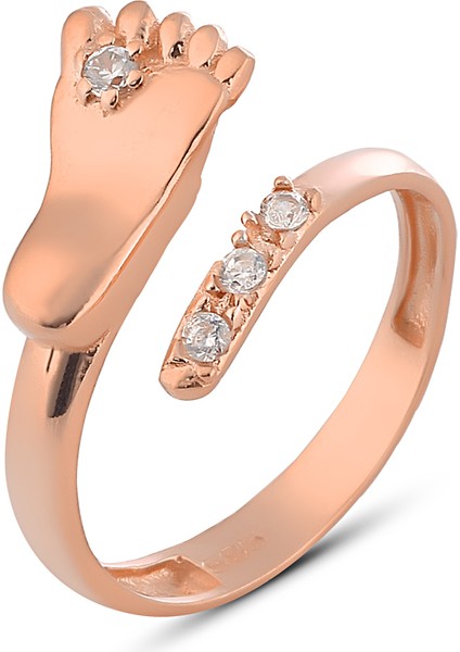925 Ayar Gümüş Zirkon Taşlı Rose Bebek Ayağı Modeli Ayarlanabilir Yüzük