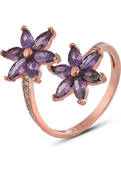 925 Ayar Gümüş Ametist Taşlı Rose Nilüfer Kamelya Çiçeği Ayarlanabilir Yüzük