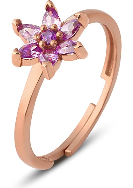 Gümüş, Ametist Taşlı Rose Kaplama Ayarlanabilir Nilüfer Çiçeği Yüzük