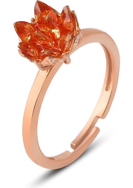 925 Ayar Gümüş, Orange Taşlı Rose Kaplama Ayarlanabilir Lotus Çiçeği Yüzük
