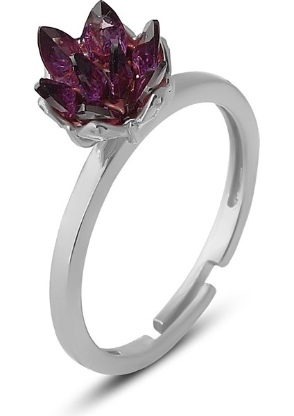 925 Ayar Gümüş, Ametist Taşlı Rodyum Kaplama Ayarlanabilir Lotus Çiçeği Yüzük