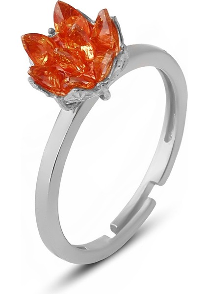 925 Ayar Gümüş, Orange Taşlı Rodyum Kaplama Ayarlanabilir Lotus Çiçeği Yüzük