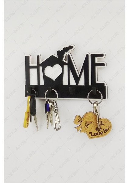 Ev Figürlü Home Yazılı Ahşap Anahtar Askısı