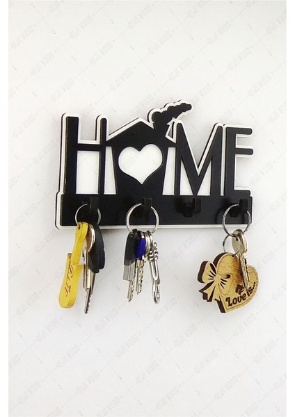 Ev Figürlü Home Yazılı Ahşap Anahtar Askısı
