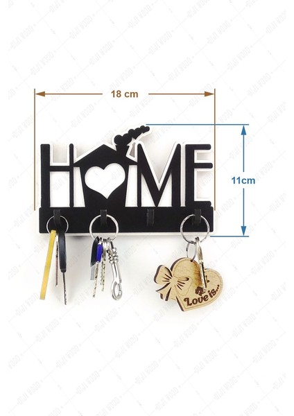 Ev Figürlü Home Yazılı Ahşap Anahtar Askısı