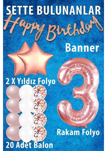 Rose Gold Konsept 1 Yaş Doğum Günü Kutlama Seti; Beyaz Gold Konfetili Balon, Rakam Yıldız Folyo ve Banner fiyatları