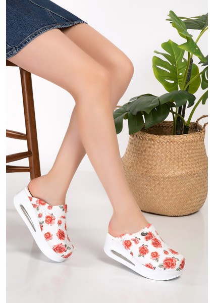 Kırmızı Gül Desenli Kapalı Airmax Bayan Ortopedik Sabo Terlik 900