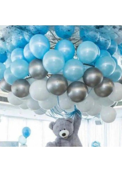 50 Adet Açık Mavi-Beyaz-Gümüş Metalik Balon 5 mt Balon Zinciri Parti Balon Seti