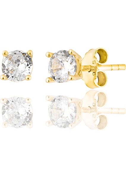 14K Altın Kaplama Gümüş Pırlanta Montürlü Tektaş Küpe-4mm