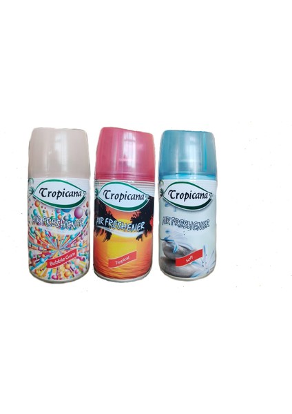 Air Freshener Oda Kokusu Bubble Gum + Tropikal + Soft Otomatik Makina Yedek Parfüm Spreyi 260 ml x 3 Adet