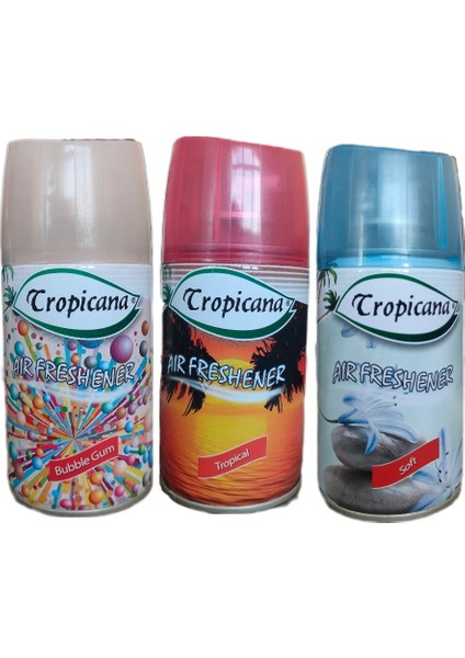 Air Freshener Oda Kokusu Bubble Gum + Tropikal + Soft Otomatik Makina Yedek Parfüm Spreyi 260 ml x 3 Adet