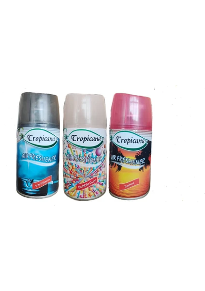 Air Freshener Oda Kokusu Anti Tobacco + Bubble Gum + Tropikal  Otomatik Makina Yedek Parfüm Spreyi 260 ml x 3 Adet