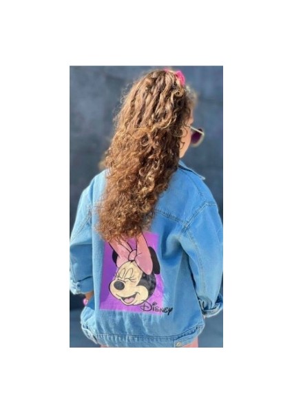Kız Çocuk Denim Kot Ceket Arkası Pembe Minnie Mouse Baskılı