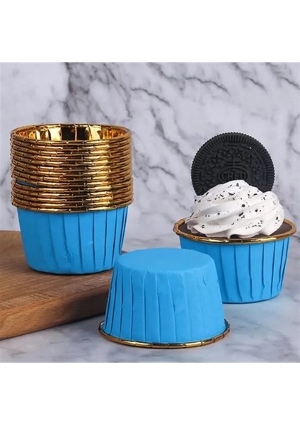 Kağıt Muffin Kek ve Sufle Kapsülü Mavi Içi Metalik Gold