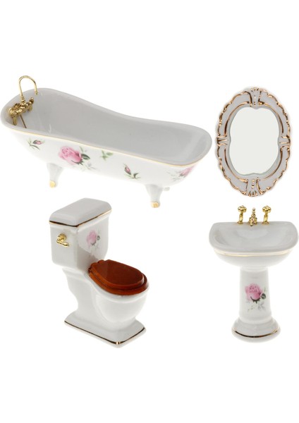 4x 1/12 Ölçekli Bebek Evi Küvet Tuvalet Lavabosu Ayna Banyo Mobilya Oyuncakları (Yurt Dışından)