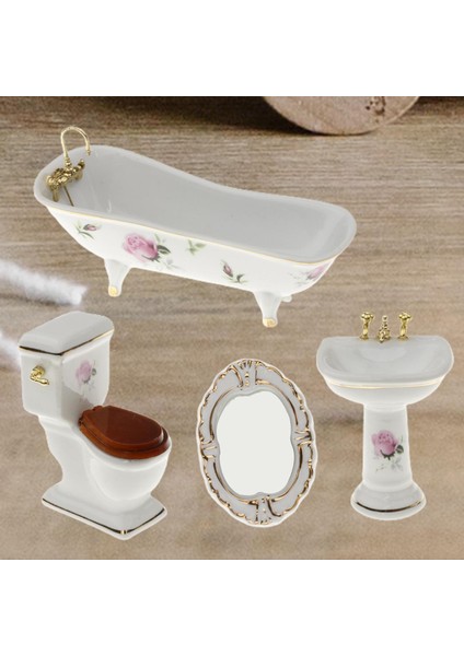 4x 1/12 Ölçekli Bebek Evi Küvet Tuvalet Lavabosu Ayna Banyo Mobilya Oyuncakları (Yurt Dışından)