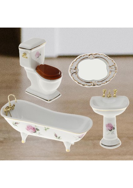 4x 1/12 Ölçekli Bebek Evi Küvet Tuvalet Lavabosu Ayna Banyo Mobilya Oyuncakları (Yurt Dışından)