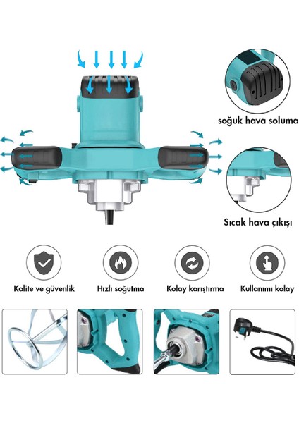 1800 W Devir Ayarlı Elektrikli Alçı Boya ve Harç Karıştırıcı Mikser Mavi 0 27