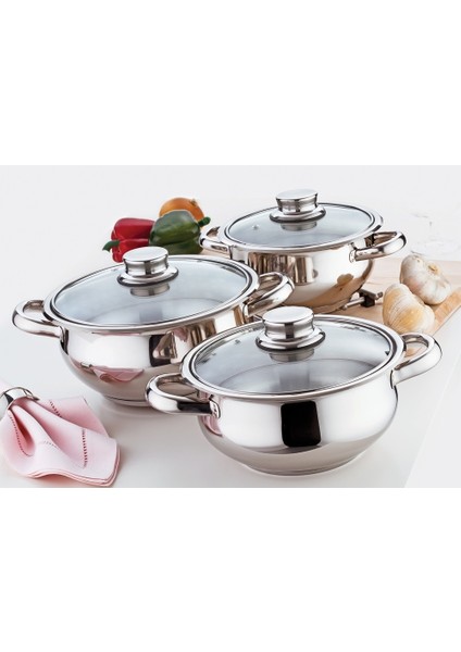 Mercan 6 Parça Mini Çelik Tencere Seti Cam Kapak