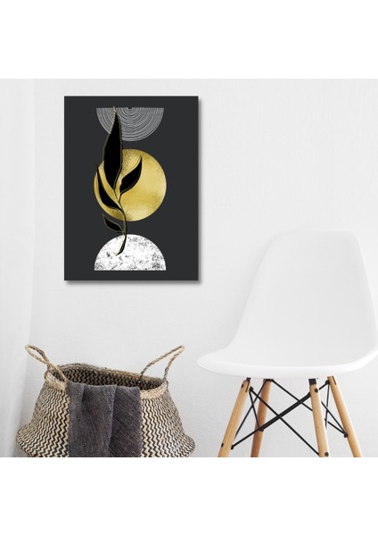 Iskandinav Tarz Siyah Zeminde Minimalist Geometrik Gold ve Beyaz Daire ve Siyah Yaprak Kanvas Tablo