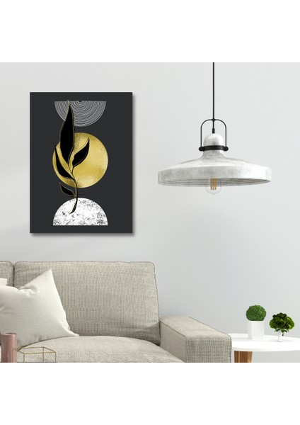Iskandinav Tarz Siyah Zeminde Minimalist Geometrik Gold ve Beyaz Daire ve Siyah Yaprak Kanvas Tablo