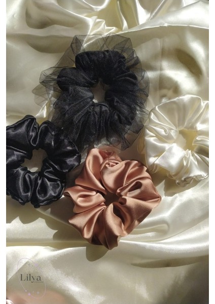 Kadın Lastikli Saten Simit Scrunchie Saç Toka Seti