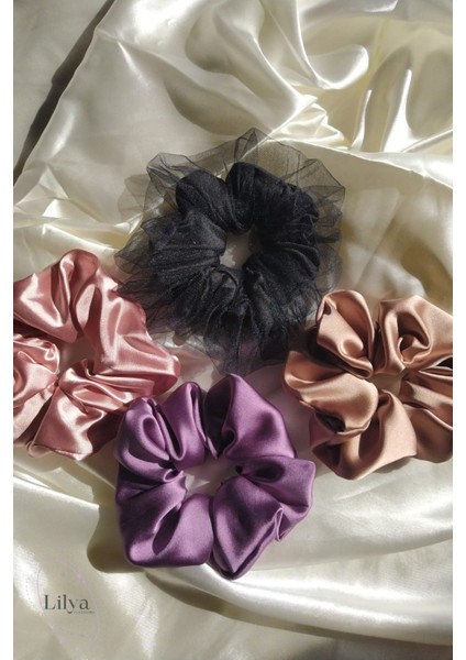 Kadın Lastikli Saten Simit Scrunchie Saç Toka Seti