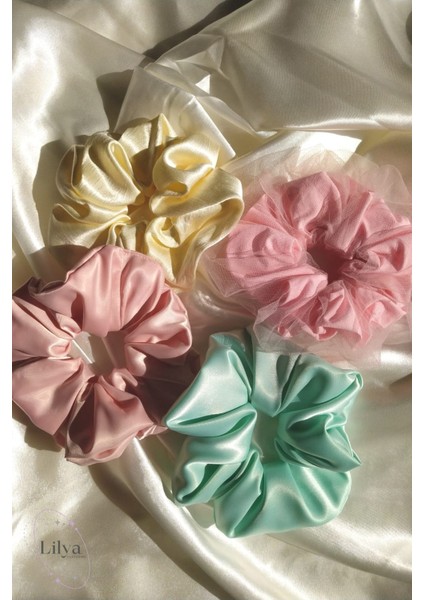 Kadın Lastikli Saten Simit Scrunchie Saç Toka Seti