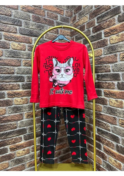 Kız Çocuk Kedi Baskılı %100 Pamuk Pijama Takımı