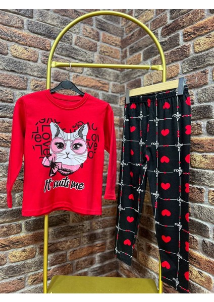 Kız Çocuk Kedi Baskılı %100 Pamuk Pijama Takımı