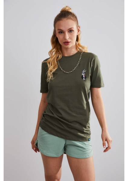 Unisex Bugs Bunny Haki Nakışlı T-Shirt fiyatları