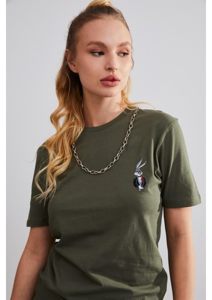 Unisex Bugs Bunny Haki Nakışlı T-Shirt fırsatları