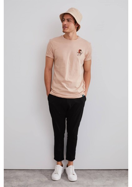 Unisex Snoopy Bej Nakışlı T-Shirt