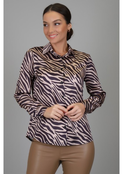 Sweetness Kadın Siyah Bej Zebra Desenli Likralı Saten Uzun Kol Abiye Gömlek Dk 1005