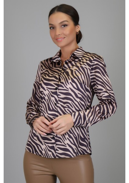 Sweetness Kadın Siyah Bej Zebra Desenli Likralı Saten Uzun Kol Abiye Gömlek Dk 1005 fırsatları