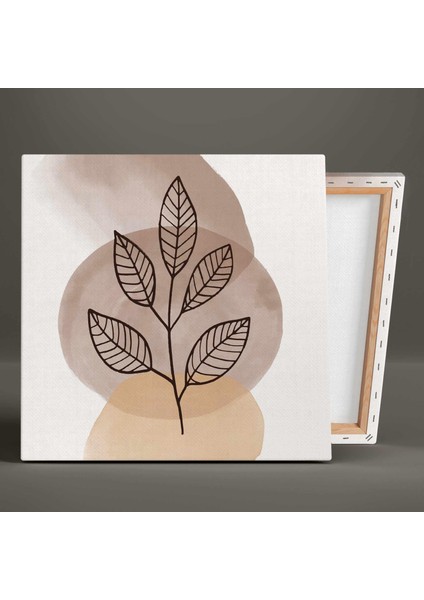 Kahverengi Tonları Sulu Boya Izleri ve Yapraklar Line Art Boho Kanvas Tablo
