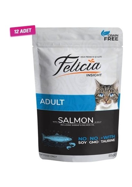 12 Adet - Felicia Tahılsız Somonlu Pouch Yetişkin Kedi Konservesi 85 gr