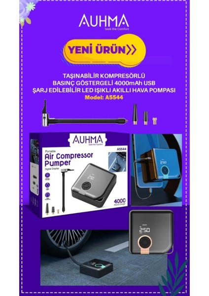 Auhma A5544 Dijital Ekranlı Kompresörlü Hava Pompası | 4000mAh Powerbank | LCD Ekran, LED Işık, Hızlı Şarj Özellikli