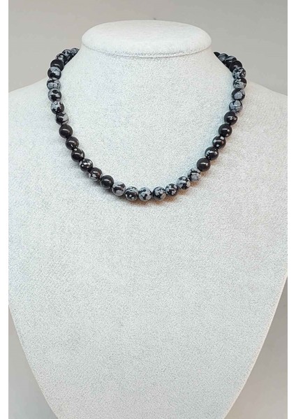 Kar Tanesi Obsidyen Taşı Kolye 8mm (Klipsli)